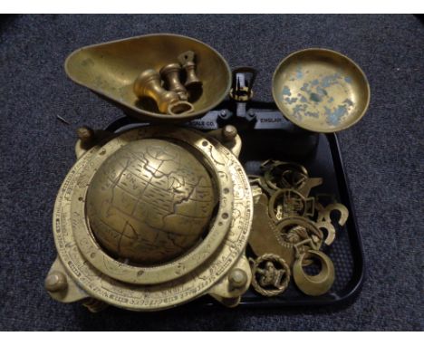 A tray of brass ware to include globe, scales and weights etc