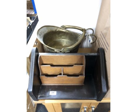 A brass coal bucket together with an Edwardian stationary stand and book trough.  
