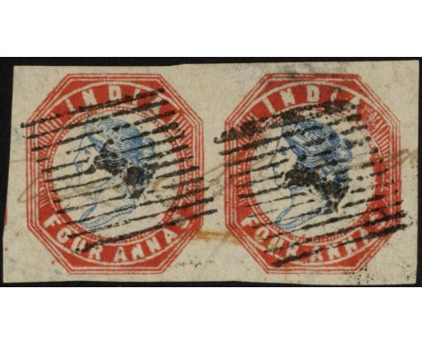India. 1855 4a pale blue and red horizontal pair, Head III, Frame II (positions 17-18), close spacing; excellent margins. Eac