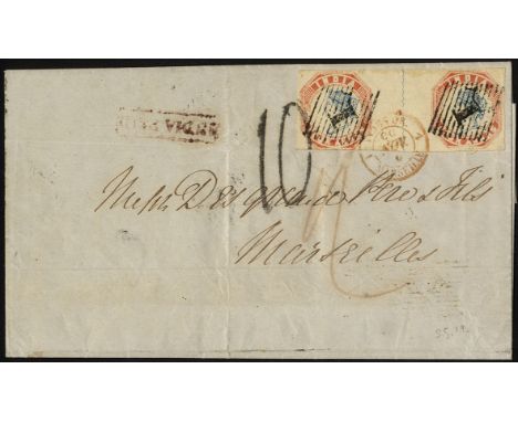 India. 1854-5 4a blue and red horizontal pair from second printing, Head II, Frame 1, a fine pair with magins all round save 