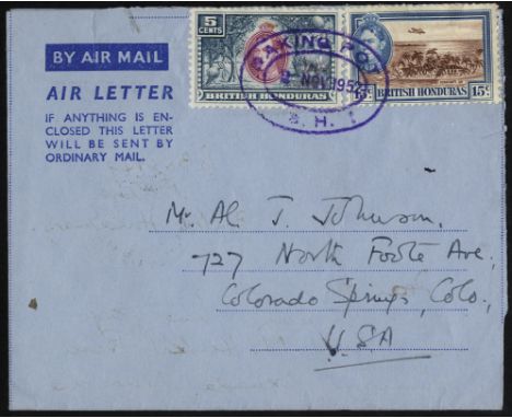 British Honduras. 1952 commercial airletter form to USA with KG VI 5ct and 15ct with violet BAKING POT TRD dated 2 NOV 1952, 