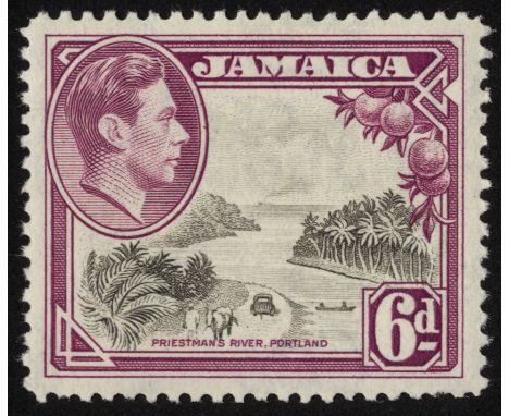 Jamaica. 1938-52 6d perf 12½, lightly hinged mint with R6/1 'exhaust pipe'. SG 128aa (£300)/CW 12b