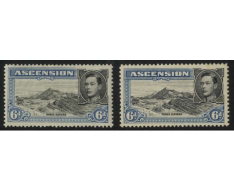 Ascension. 1938-44 6d both perforations, each hinged mint with R5/4 'boulder' flaw, the perf 13½ example with a nibbled perf.