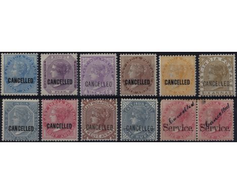 India. 1865-76 CANCELLED overprints on ½a, 8p, 9p, 1a, 2a, 6a, 6a8p, 8a, 12a and 1r, each fresh unmounted mint. Also 8a Servi
