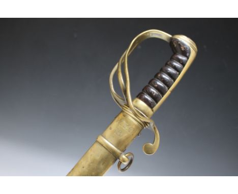 AN 1821 PATTERN CAVALRY SWORD, brass three bar hilt marked WYC 8, brass scabbard marked WYC 18 (presumed Westmorland Yeomanry