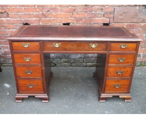A 19TH CENTURY MAHOGANY TWIN PEDESTAL DESK, having an inset red leather writing surface, with an arrangement of nine drawers,