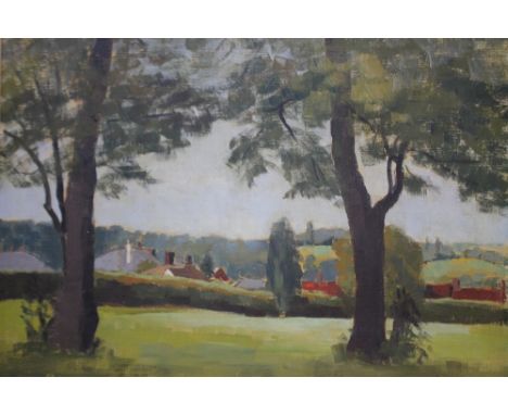 RUBY WALLACE. A 20th century impressionist rural wooded village scene, signed lower right, oil on canvas, framed, 39 x 54 cm