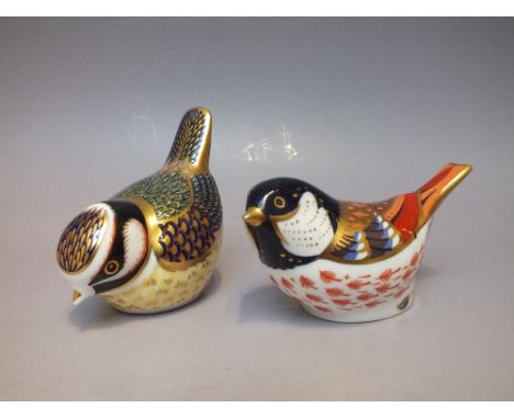 A ROYAL CROWN DERBY COAL TIT PAPERWEIGHT, together with a Royal Crown Derby Blue Tit paperweight, both with octagonal '21' go