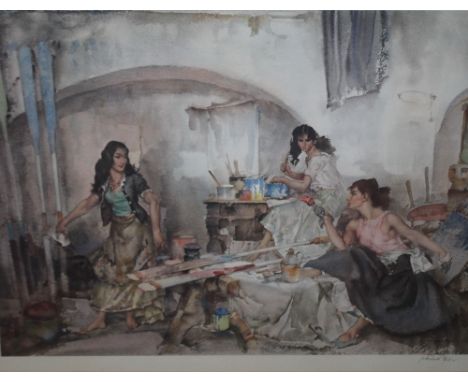 WILLIAM RUSSELL FLINT (1880-1969). Three models in an artist studio, signed in pencil, coloured print, framed and glazed, 48 