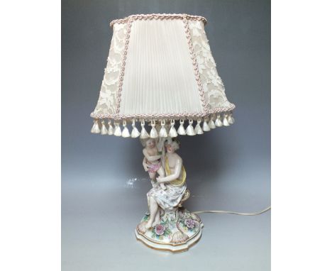 A CONTINENTAL PORCELAIN FIGURATIVE TABLE LAMP, modelled as a lady holding a child on a gilt lined and floral encrusted base, 