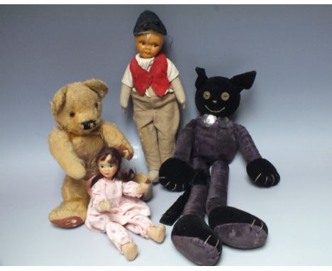 A SMALL SELECTION OF VINTAGE DOLLS AND BEARS, comprising a Chad Valley mohair bear, H 30 cm, a vintage velvet cat and two art