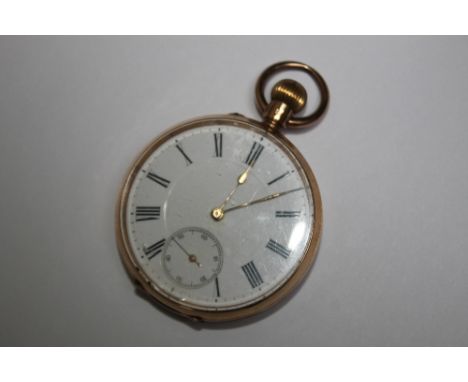 AN OPEN FACED MANUAL WIND POCKET WATCH, the outer casing is stamped 14k on the inside, Dia 4.75 cm