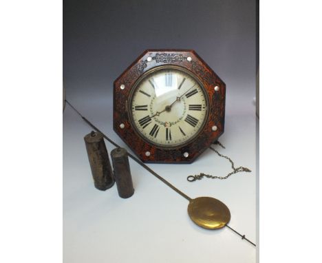 A VICTORIAN POSTMANS ALARM CLOCK, the painted wooden dial with Roman numerals and floral garland, striking on a single bell, 