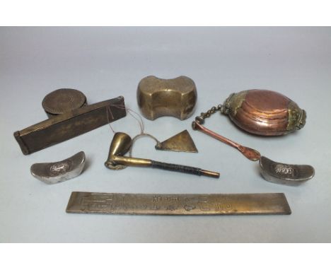 A COLLECTION OF CHINESE / ORIENTAL OPIUM RELATED  METALWARE ETC., to include scales, various weights, an opium pipe and a cir