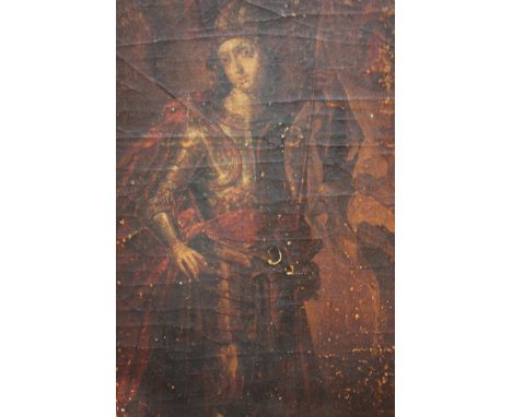 AN EARLY PORTRAIT STUDY OF A RELIGIOUS FIGURE IN ARMOUR, in a Gothic style wooden frame, unsigned, oil on canvas laid on pane