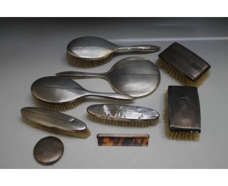 A HALLMARKED SILVER FIVE PIECE DRESSING TABLE SET, together with a pair of silver backed brushes, a silver compact and a comb