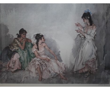 WILLIAM RUSSELL FLINT (1880-1969). A model inspecting the necklace, signed in pencil, coloured print, framed and glazed, 55 x