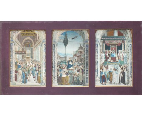 THREE 19TH CENTURY RELIGIOUS SCENE WITH NUMEROUS FIGURES IN CATHEDRAL INTERIORS, mounted in one mount, unsigned, watercolour 
