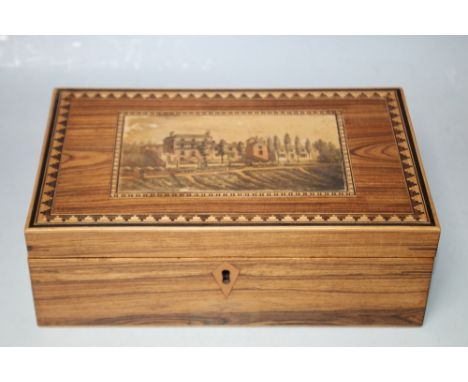 A TUNBRIDGE WARE JEWELLERY  BOX, with transfer print lid embellishment, W 21 cm