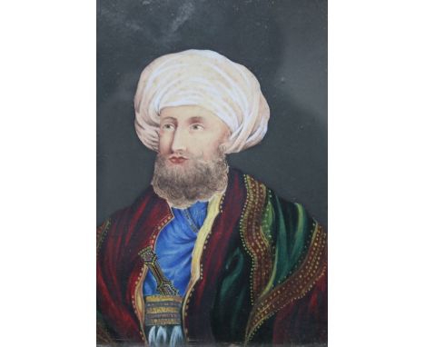 A LATE 19TH / EARLY 20TH CENTURY PORTRAIT MINIATURE OF A BEARDED EASTERN GENTLEMAN WITH TURBAN, unsigned, watercolour on card