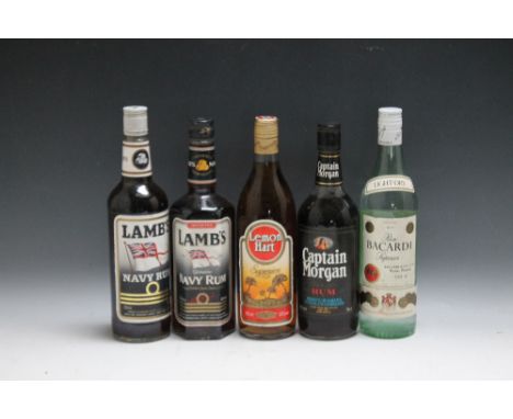 A SELECTION OF VINTAGE SPIRITS CONSISTING OF 2 BOTTLES OF LAMB'S NAVY RUM,  together with 1 bottle of Captain Morgan rum, 1 b
