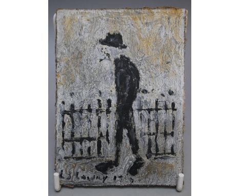 CIRCLE OF LAURENCE STEPHEN LOWRY (1887-1976). Study of a man with a pipe waiting by railings, bears signature and dated 1967 