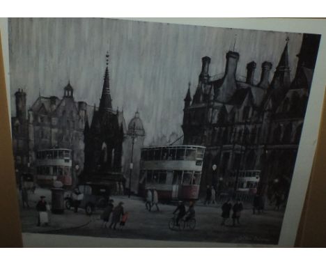 ARTHUR DELANEY (1927-1987). Northern town scene with trams and figures, signed in pencil lower right, limited edition print o