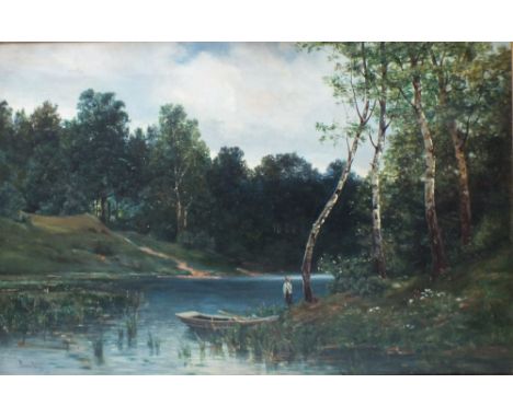 CAROLINE MONNICHE. A late 19th / early 20th century wooded river landscape with figure and print, inscribed lower left, 'Elte