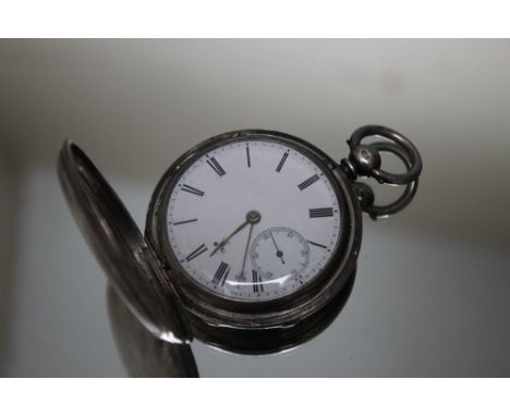 A HALLMARKED SILVER FULL HUNTER MANUAL WIND POCKET WATCH, Dia 5.25 cm