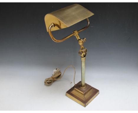 A HEAVY BRASS ADJUSTABLE BANKERS LAMP, on a stepped square base, H 40 cm