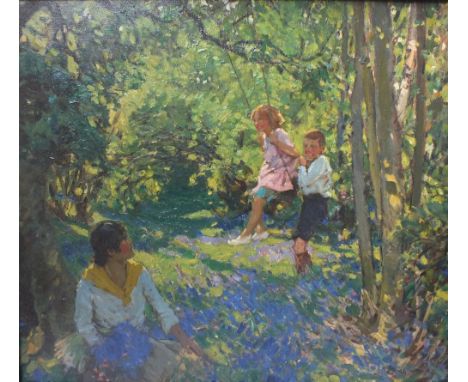 JAMES EDWARD DUGGINS (1881-1968). Modern British School, a woodland scene with Mother picking bluebells watching children pla