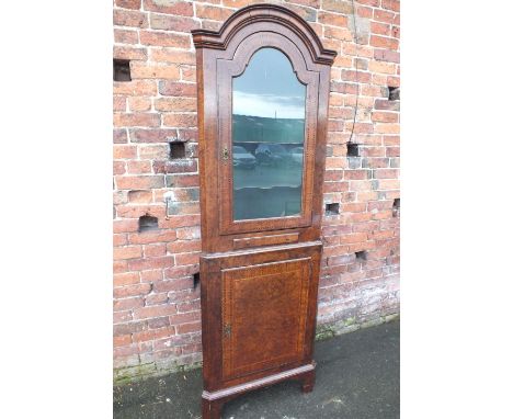 AN ANTIQUE WALNUT FLOORSTANDING CORNER CABINET, having a moulded arched top above a single glazed door to the upper section, 