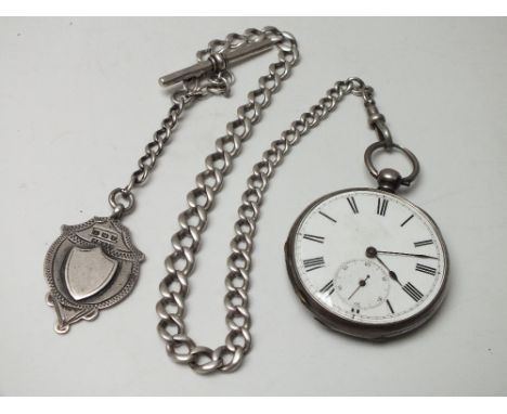 AN ANTIQUE SILVER OPEN FACED MANUAL WIND POCKET WATCH  WITH SILVER ALBERT CHAIN, watch Dia. 4.5 cm, the graduated silver Albe