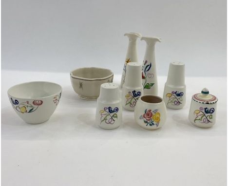 Poole pottery bowl&nbsp;initialled 'KV' to base, a pair of Poole pottery pepperettes, two tapered vases, a bowl&nbsp;and othe