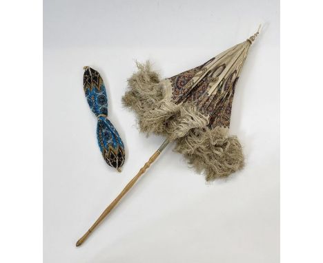 A beaded 'miser's purse' and an Edwardian small parasol, silk with printed paisley pattern, bone finial, the wooden handle ha