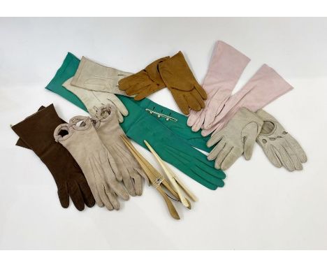 Vintage kid gloves to include long green evening gloves with button fastening, mid twentieth century silk and other scarves, 