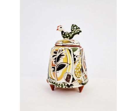 20th century earthenware pot with chicken finial to lid, on three pointed feet, leaf abstract glaze, indistinctly signed to b