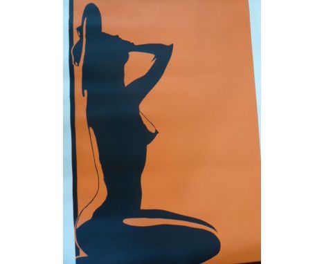 Five late twentieth century unframed prints, two nude silhouettes on an orange background, two cartoons of two flying ducks, 