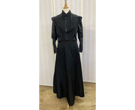 Black satin and lace Victorian bodice/jacket&nbsp;with tiny paste buttons and hook and eye fastening, leg o' mutton sleeves w