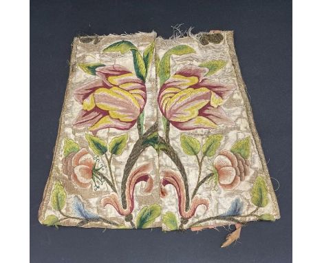 Antique silk embroidered and silver thread double panel&nbsp;probably from a cuff, decorated with tulips and other flowers, o