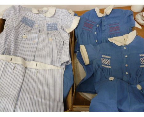 1950's small child's romper suits, the smocked tops with buttons to attach the shorts, a llinen embroided sheet with Humpty ~