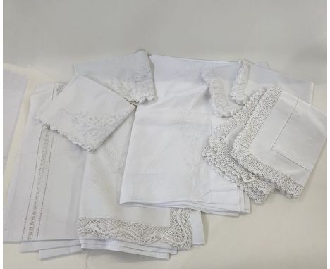 Three pairs of vintage embroidered and lace trimmed pillow cases, three cotton embroidered and cut and drawn thread bordered 