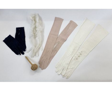Vintage cream kid long gloves with pearl button fastening, a pair of pink kid long gloves, pair of white nylon, ruched long g