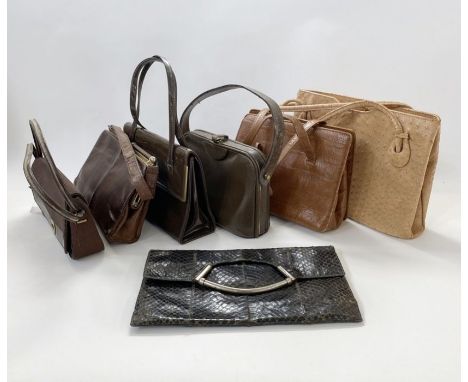 Selection of vintage bags, to include an ostrich skin bag labelled 'Waldybag made in England', a snakeskin fold over bag with