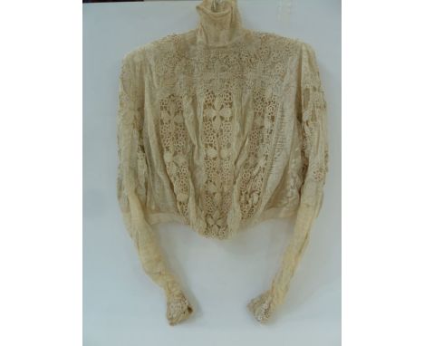 Edwardian lace blouse, overlaid lace on chiffon base, wired high neck, hook and eye fastening at the back, leg o' mutton slee
