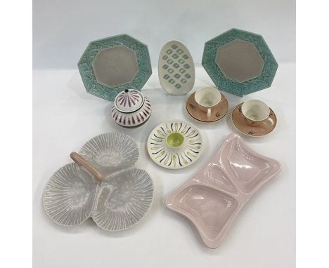 Pair of Poole pottery octagonal dessert plates, shape no. 119, glaze no. C57, a Poole pottery eggcup dish&nbsp;a&nbsp;lidded 