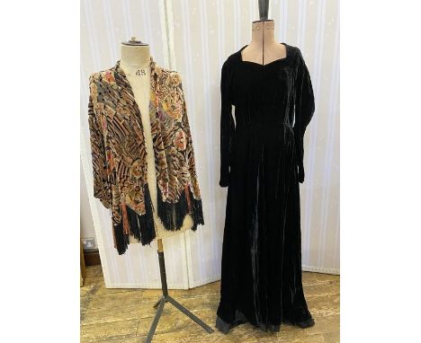 1920's devore cut velvet on chiffon jacket&nbsp;with deep black and orange fringe, orange tassel to the three-quarter length 