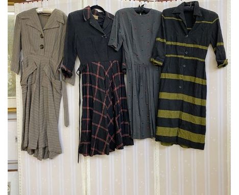 Various vintage dresses&nbsp;from 1940's and 1950's, to include grey wool with lime green stripe, three-quarter length sleeve