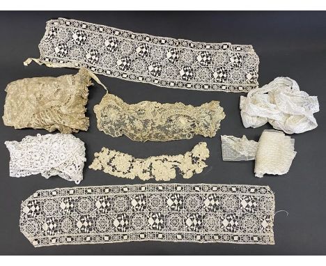 Collar of lace, probably bobbin tape lace, two panels of geometric lace, a lace collar, probably bobbin, floral and mesh desi