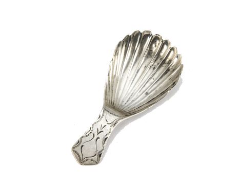 A George III silver tea caddy spoon, shell shaped bowl with brightcut handle, marked WWWP or similarsome minor dents to the b